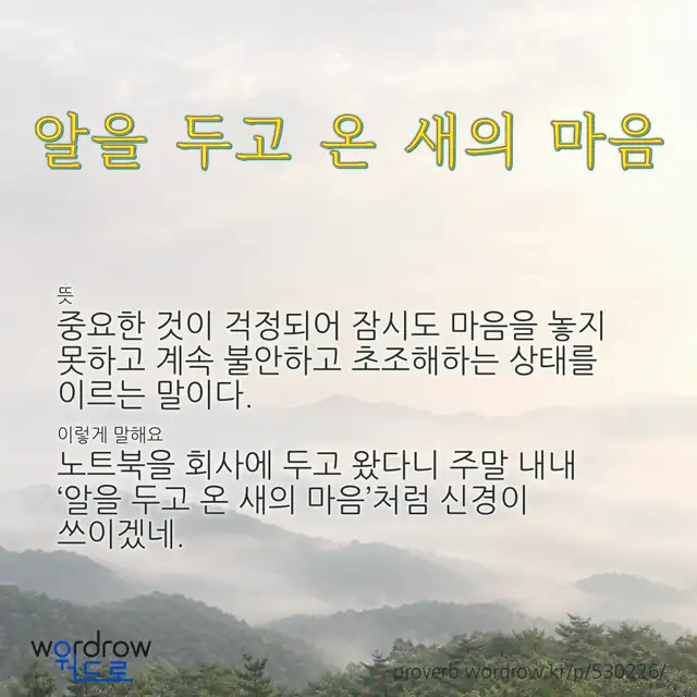 “알을 두고 온 새의 마음” 글씨와 뜻·예문이 완성된 속담 영상 포스터