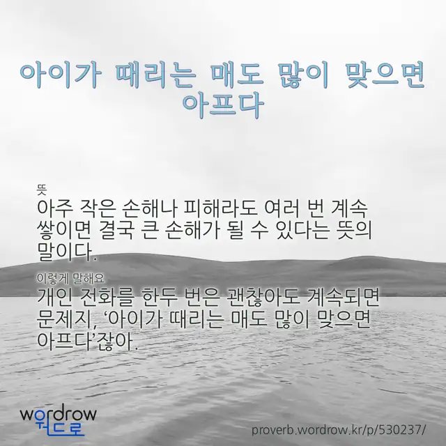 “아이가 때리는 매도 많이 맞으면 아프다” 글씨와 뜻·예문이 완성된 속담 영상 포스터