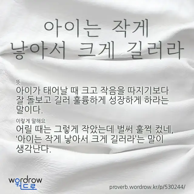 “아이는 작게 낳아서 크게 길러라” 글씨와 뜻·예문이 완성된 속담 영상 포스터