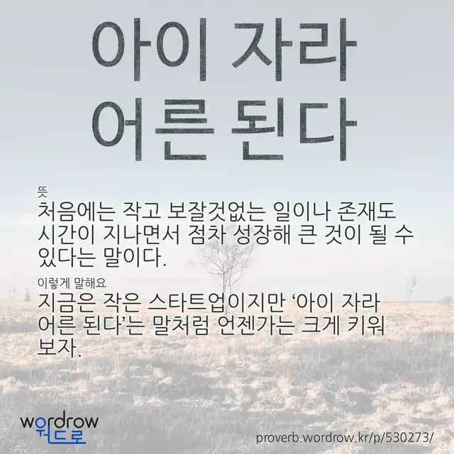 “아이 자라 어른 된다” 글씨와 뜻·예문이 완성된 속담 영상 포스터