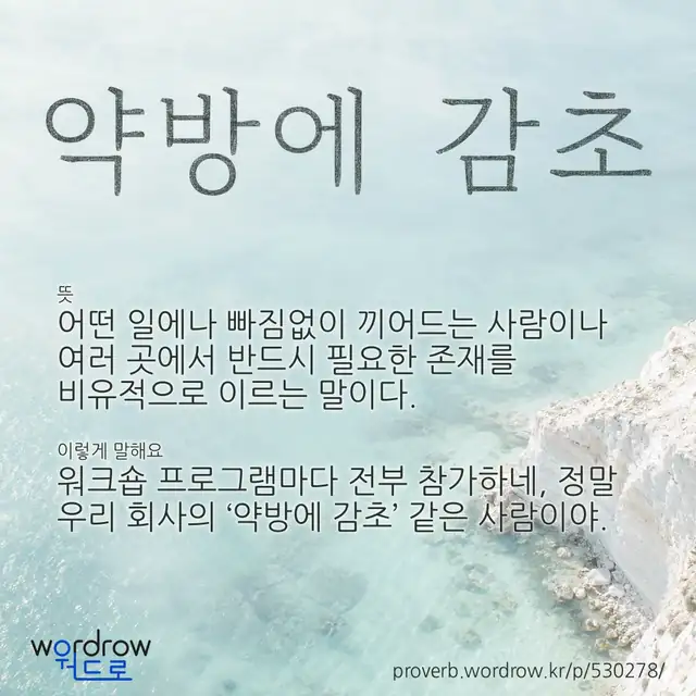 “약방에 감초” 글씨와 뜻·예문이 완성된 속담 영상 포스터