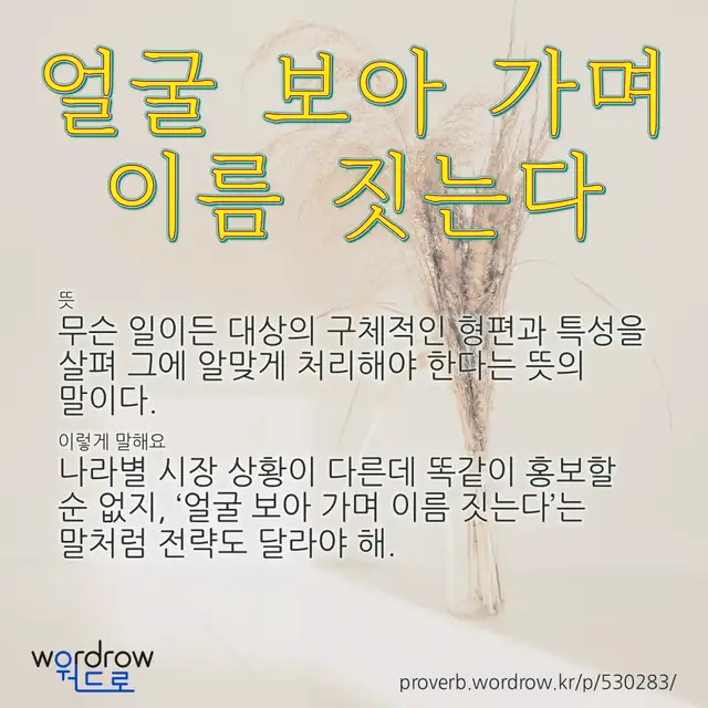 “얼굴 보아 가며 이름 짓는다” 글씨와 뜻·예문이 완성된 속담 영상 포스터