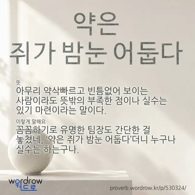 “약은 쥐가 밤눈 어둡다” 글씨와 뜻·예문이 완성된 속담 영상 포스터