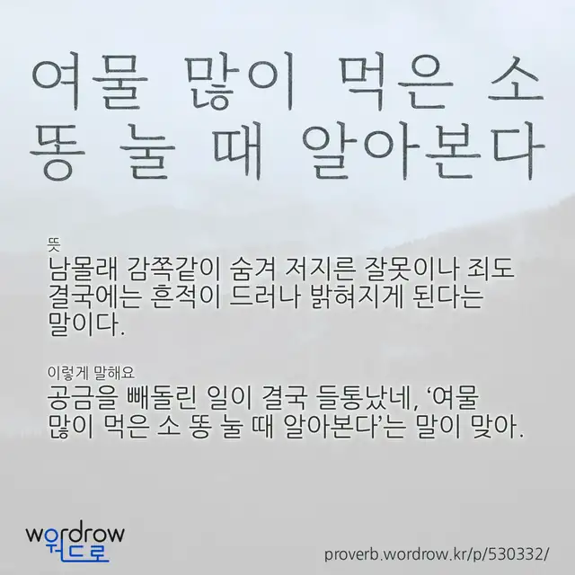 “여물 많이 먹은 소 똥 눌 때 알아본다” 글씨와 뜻·예문이 완성된 속담 영상 포스터