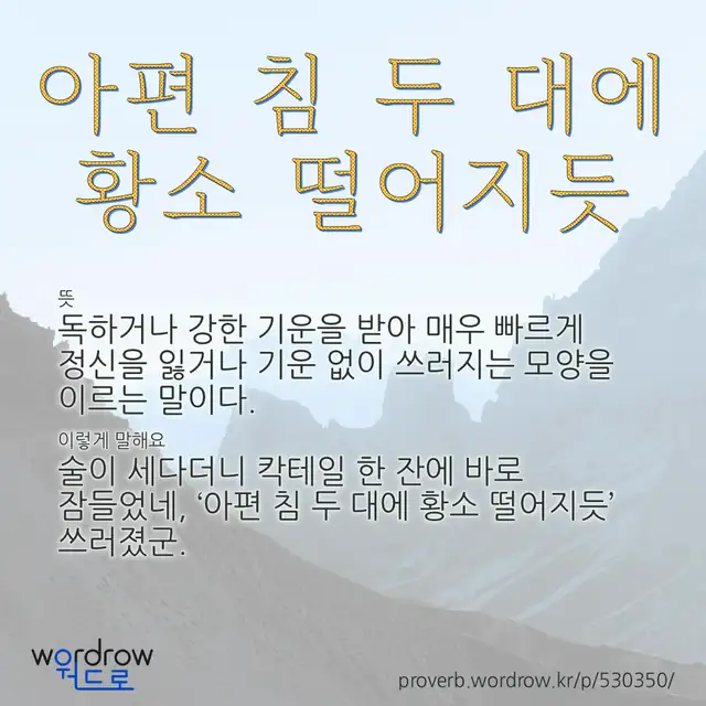 “아편 침 두 대에 황소 떨어지듯” 글씨와 뜻·예문이 완성된 속담 영상 포스터