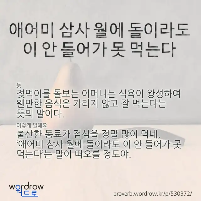“애어미 삼사 월에 돌이라도 이 안 들어가 못 먹는다” 글씨와 뜻·예문이 완성된 속담 영상 포스터
