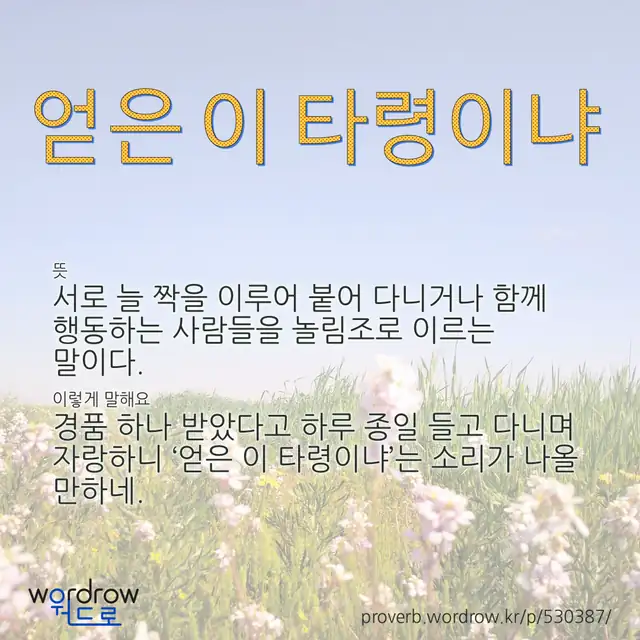 “얻은 이 타령이냐” 글씨와 뜻·예문이 완성된 속담 영상 포스터