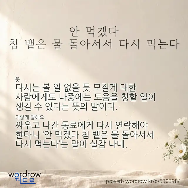 “안 먹겠다 침 뱉은 물 돌아서서 다시 먹는다” 글씨와 뜻·예문이 완성된 속담 영상 포스터
