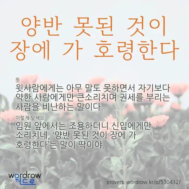 “양반 못된 것이 장에 가 호령한다” 글씨와 뜻·예문이 완성된 속담 영상 포스터