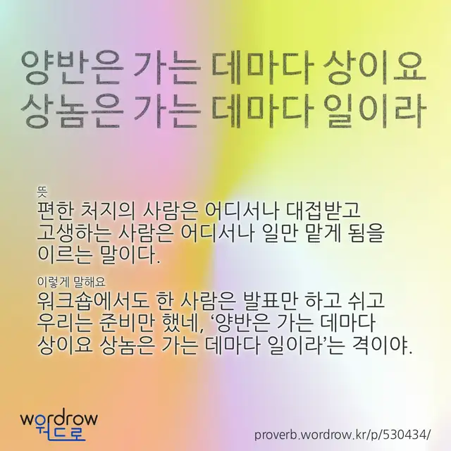 “양반은 가는 데마다 상이요 상놈은 가는 데마다 일이라” 글씨와 뜻·예문이 완성된 속담 영상 포스터