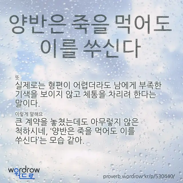 “양반은 죽을 먹어도 이를 쑤신다” 글씨와 뜻·예문이 완성된 속담 영상 포스터