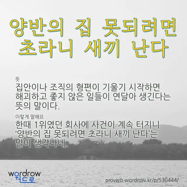 “양반의 집 못되려면 초라니 새끼 난다” 글씨와 뜻·예문이 완성된 속담 영상 포스터