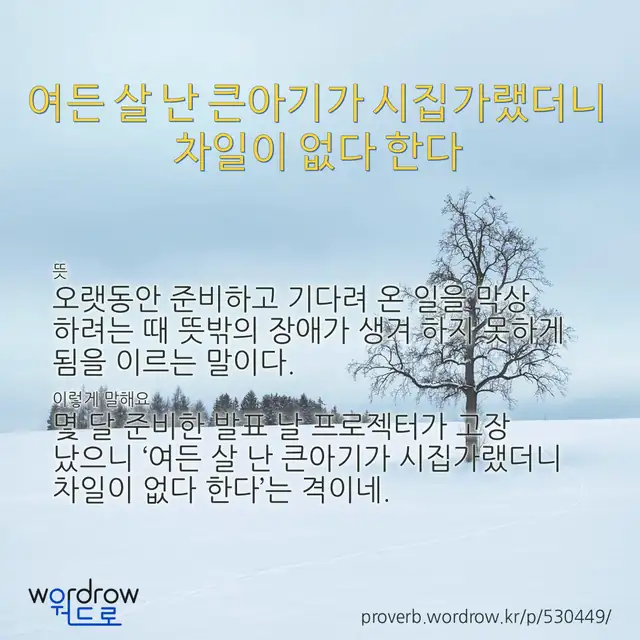 “여든 살 난 큰아기가 시집가랬더니 차일이 없다 한다” 글씨와 뜻·예문이 완성된 속담 영상 포스터
