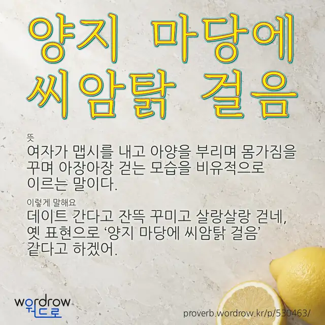 “양지 마당에 씨암탉 걸음” 글씨와 뜻·예문이 완성된 속담 영상 포스터