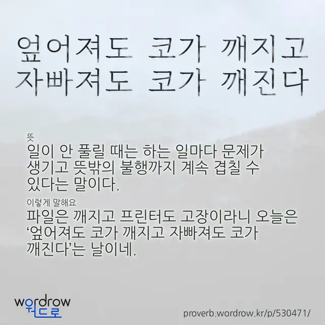 “엎어져도 코가 깨지고 자빠져도 코가 깨진다” 글씨와 뜻·예문이 완성된 속담 영상 포스터
