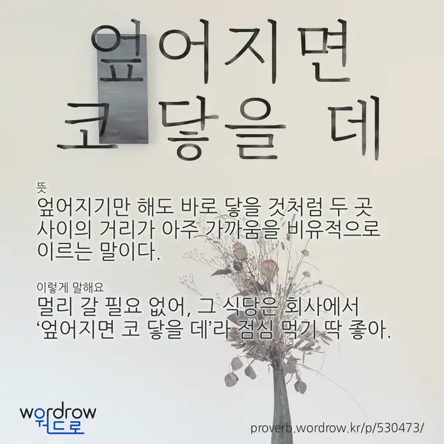 “엎어지면 코 닿을 데” 글씨와 뜻·예문이 완성된 속담 영상 포스터