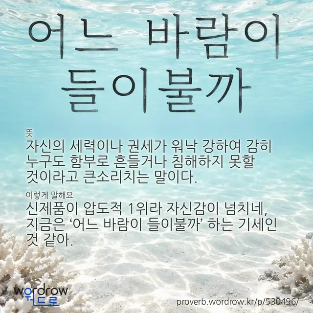 “어느 바람이 들이불까” 글씨와 뜻·예문이 완성된 속담 영상 포스터