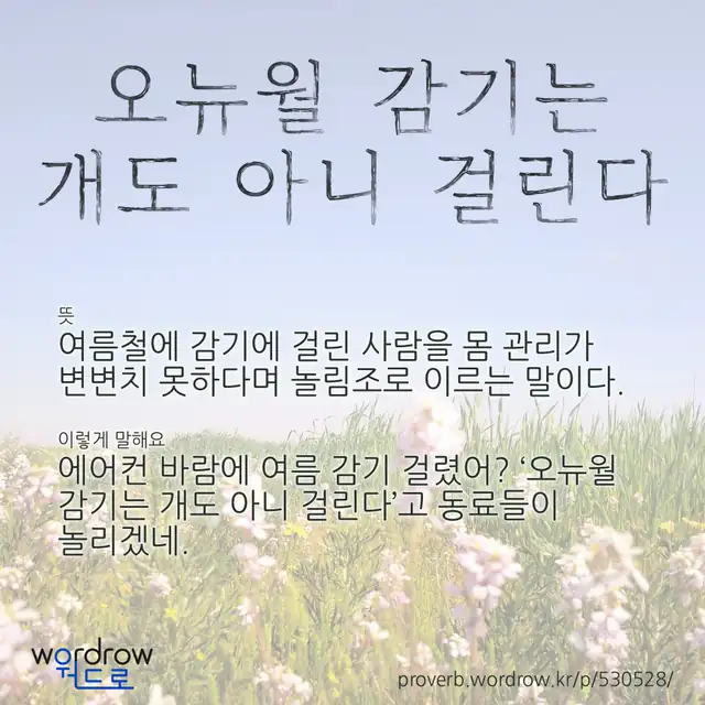 “오뉴월 감기는 개도 아니 걸린다” 글씨와 뜻·예문이 완성된 속담 영상 포스터