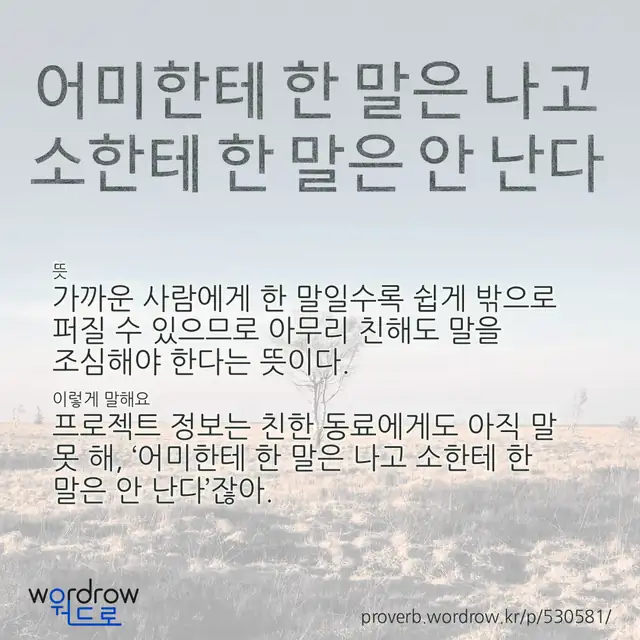 “어미한테 한 말은 나고 소한테 한 말은 안 난다” 글씨와 뜻·예문이 완성된 속담 영상 포스터