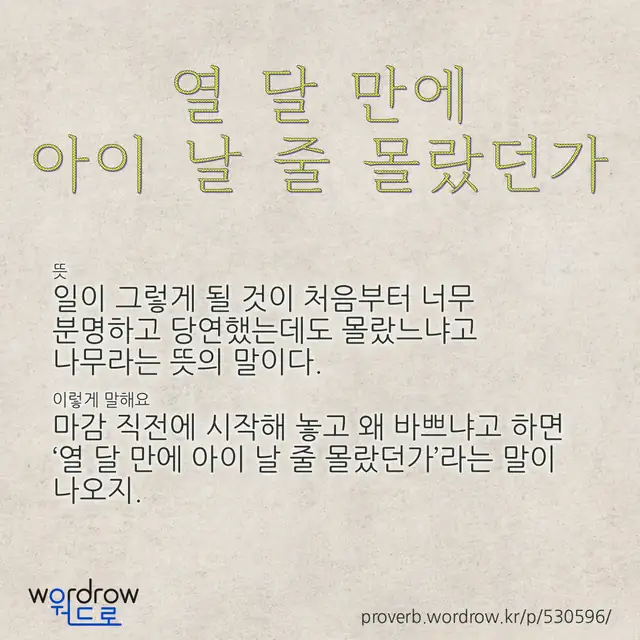 “열 달 만에 아이 날 줄 몰랐던가” 글씨와 뜻·예문이 완성된 속담 영상 포스터