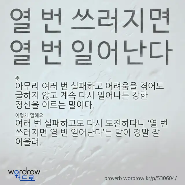 “열 번 쓰러지면 열 번 일어난다” 글씨와 뜻·예문이 완성된 속담 영상 포스터