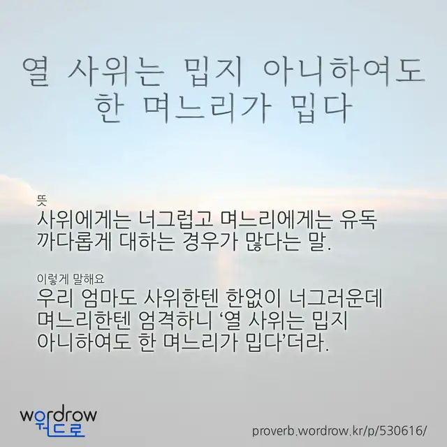 “열 사위는 밉지 아니하여도 한 며느리가 밉다” 글씨와 뜻·예문이 완성된 속담 영상 포스터