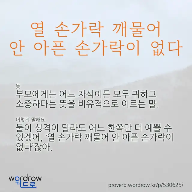 “열 손가락 깨물어 안 아픈 손가락이 없다” 글씨와 뜻·예문이 완성된 속담 영상 포스터