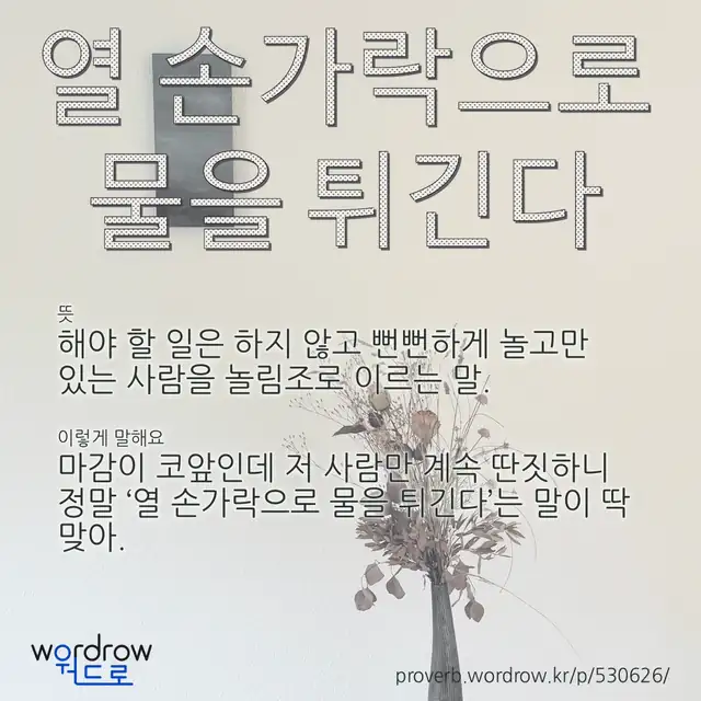 “열 손가락으로 물을 튀긴다” 글씨와 뜻·예문이 완성된 속담 영상 포스터