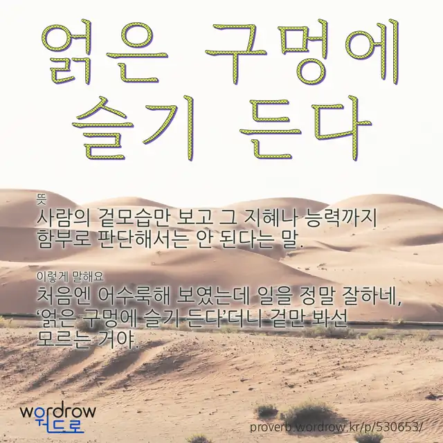 “얽은 구멍에 슬기 든다” 글씨와 뜻·예문이 완성된 속담 영상 포스터