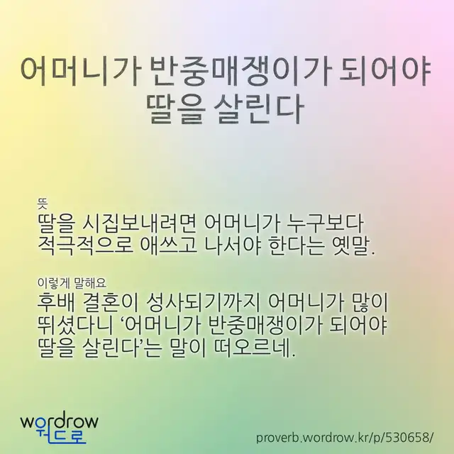 “어머니가 반중매쟁이가 되어야 딸을 살린다” 글씨와 뜻·예문이 완성된 속담 영상 포스터