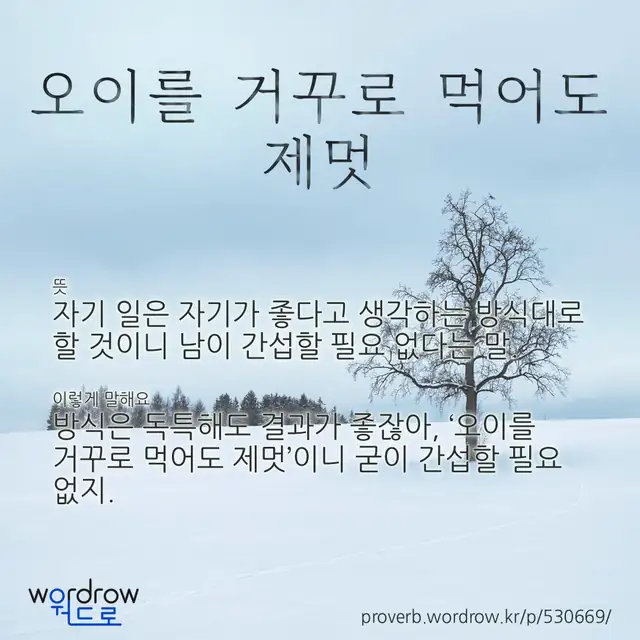 “오이를 거꾸로 먹어도 제멋” 글씨와 뜻·예문이 완성된 속담 영상 포스터