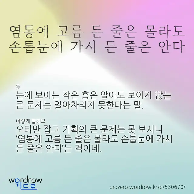 “염통에 고름 든 줄은 몰라도 손톱눈에 가시 든 줄은 안다” 글씨와 뜻·예문이 완성된 속담 영상 포스터