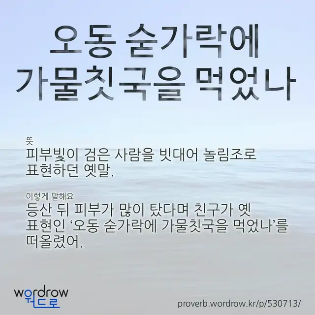 “오동 숟가락에 가물칫국을 먹었나” 글씨와 뜻·예문이 완성된 속담 영상 포스터
