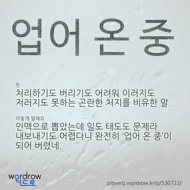 “업어 온 중” 글씨와 뜻·예문이 완성된 속담 영상 포스터
