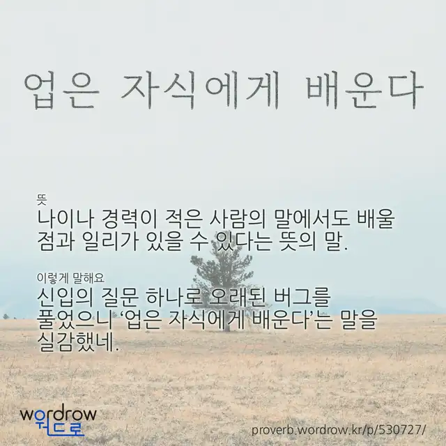 “업은 자식에게 배운다” 글씨와 뜻·예문이 완성된 속담 영상 포스터