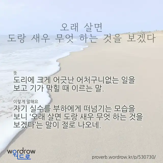 “오래 살면 도랑 새우 무엇 하는 것을 보겠다” 글씨와 뜻·예문이 완성된 속담 영상 포스터