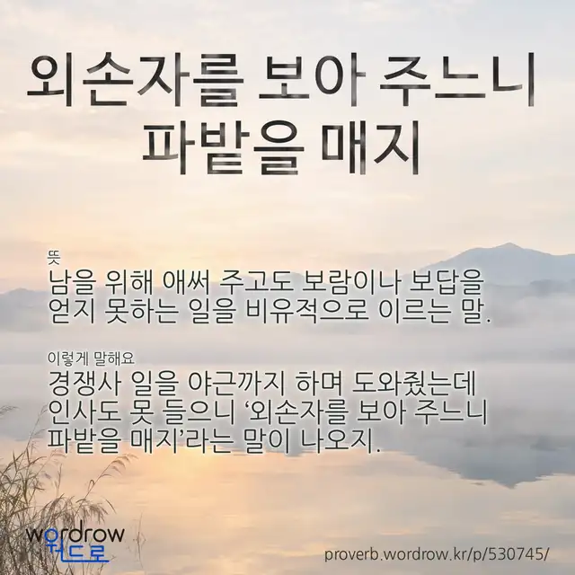 “외손자를 보아 주느니 파밭을 매지” 글씨와 뜻·예문이 완성된 속담 영상 포스터