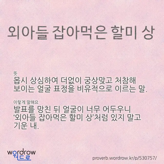 “외아들 잡아먹은 할미 상” 글씨와 뜻·예문이 완성된 속담 영상 포스터
