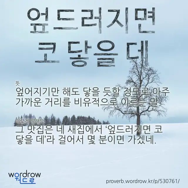 “엎드러지면 코 닿을 데” 글씨와 뜻·예문이 완성된 속담 영상 포스터
