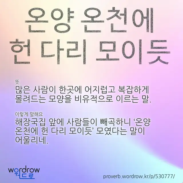 “온양 온천에 헌 다리 모이듯” 글씨와 뜻·예문이 완성된 속담 영상 포스터