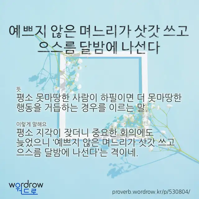 “예쁘지 않은 며느리가 삿갓 쓰고 으스름 달밤에 나선다” 글씨와 뜻·예문이 완성된 속담 영상 포스터