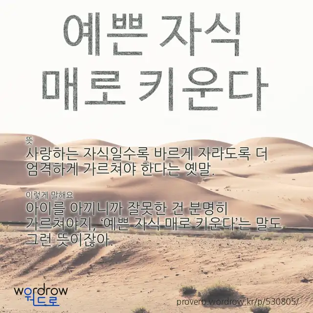 “예쁜 자식 매로 키운다” 글씨와 뜻·예문이 완성된 속담 영상 포스터