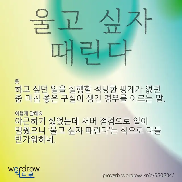 “울고 싶자 때린다” 글씨와 뜻·예문이 완성된 속담 영상 포스터