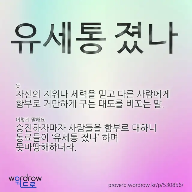 “유세통 졌나” 글씨와 뜻·예문이 완성된 속담 영상 포스터