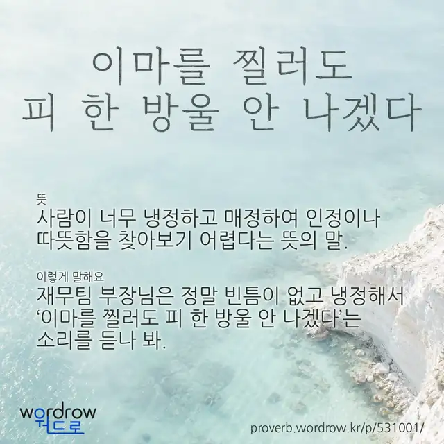 “이마를 찔러도 피 한 방울 안 나겠다” 글씨와 뜻·예문이 완성된 속담 영상 포스터