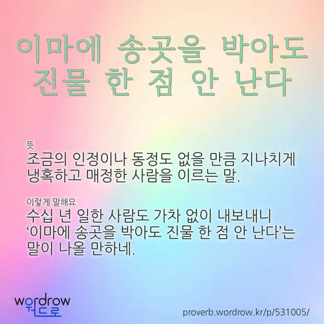 “이마에 송곳을 박아도 진물 한 점 안 난다” 글씨와 뜻·예문이 완성된 속담 영상 포스터