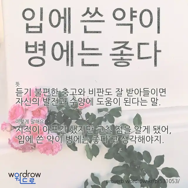 “입에 쓴 약이 병에는 좋다” 글씨와 뜻·예문이 완성된 속담 영상 포스터