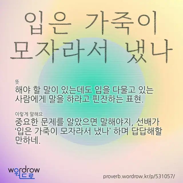 “입은 가죽이 모자라서 냈나” 글씨와 뜻·예문이 완성된 속담 영상 포스터