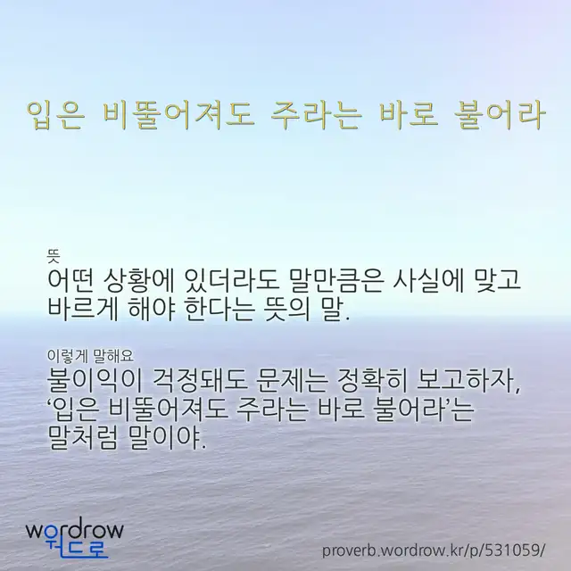 “입은 비뚤어져도 주라는 바로 불어라” 글씨와 뜻·예문이 완성된 속담 영상 포스터
