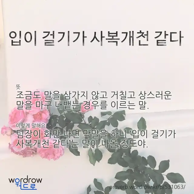 “입이 걸기가 사복개천 같다” 글씨와 뜻·예문이 완성된 속담 영상 포스터